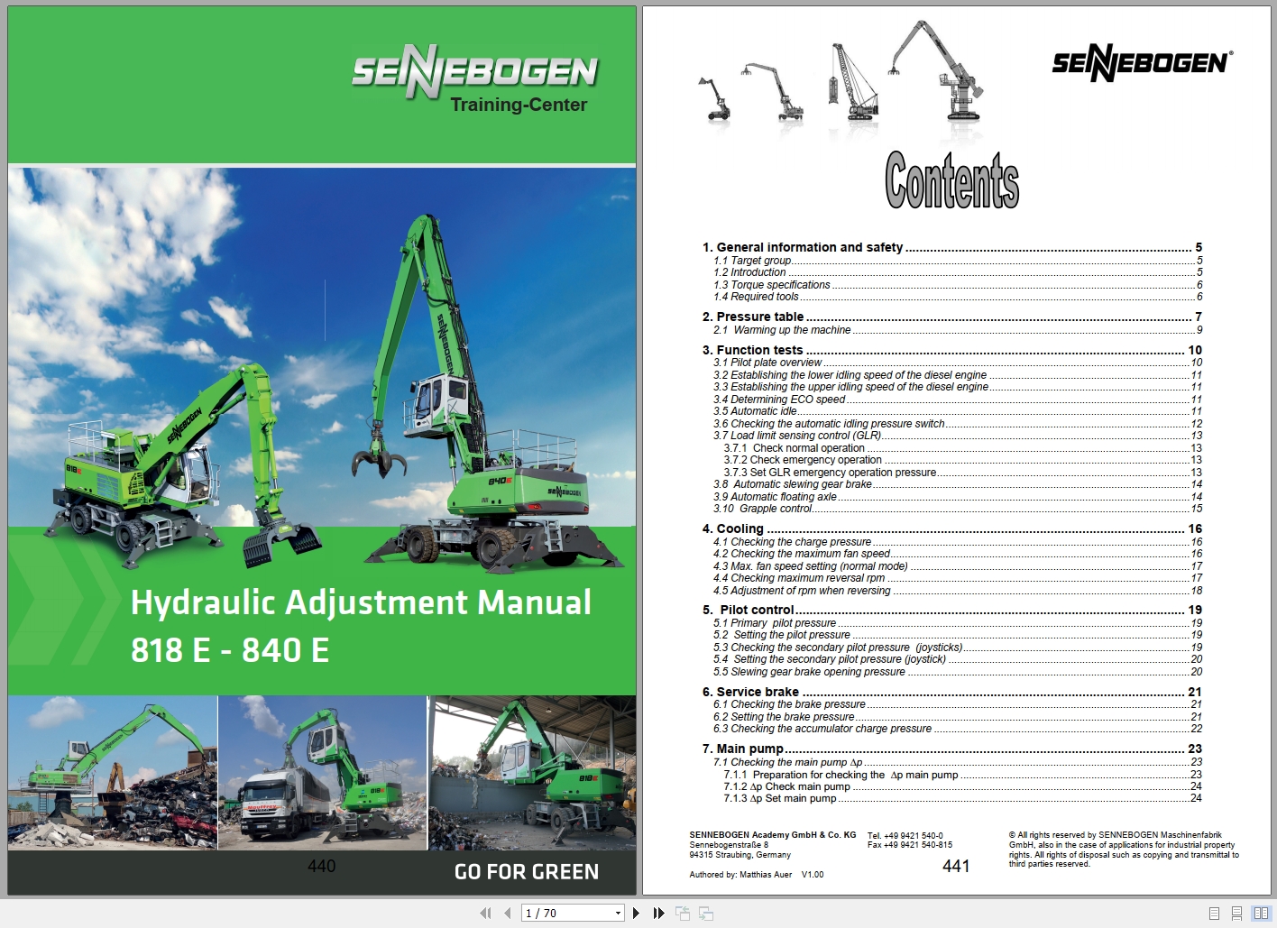 Sennebogen Material Handing 818E To 840E Hydraulic Adjustment Manual 2020 1