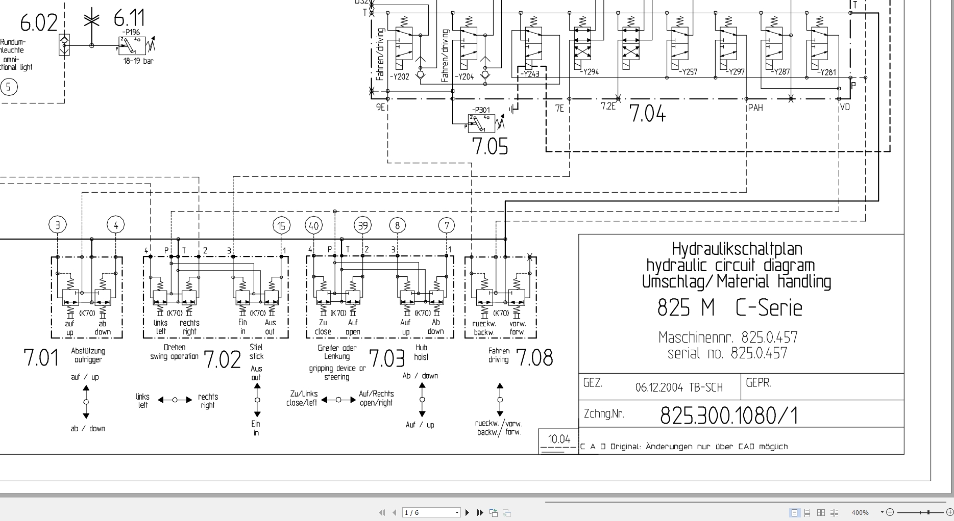 Sennebogen Material Handing 825M C Series Hydraulic Circuit Diagram 825.300.1080 1 EN DE 1