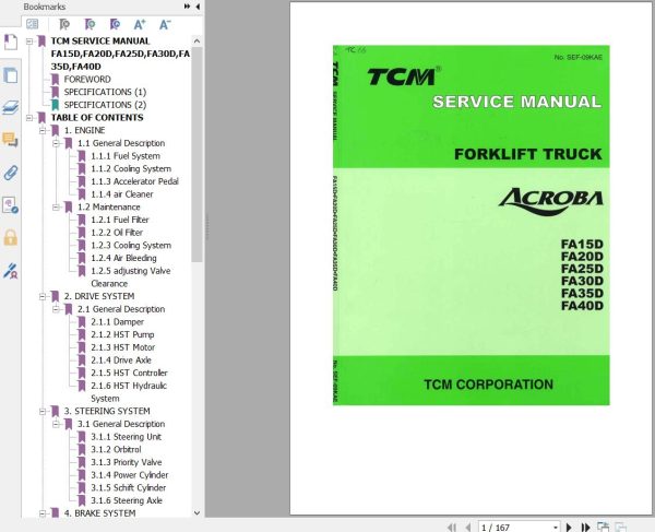 TCM Forklift Acroba FA15D FA20D FA25D FA30D FA40D Service Manual SEF 09KAE 1