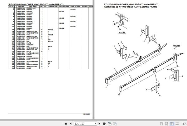 Tadano Crane BT 110 1 31000 Lower Hino BDG XZU404X TMFSD3 Parts Catalog 2