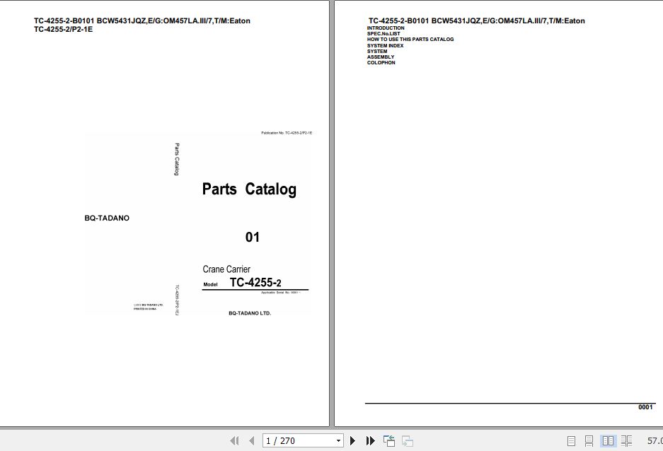 Tadano Crane Carrier TC 4255 2 TC 4255 2 P2 1E B0101 BCW5431JQZ Parts Catalog 1