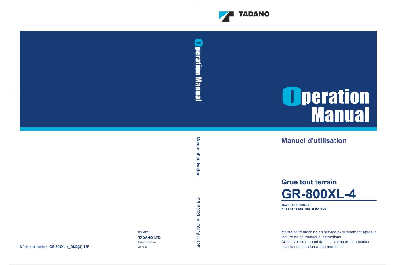 Tadano Crane GR 800XL 4 Operation Manual GR 800XL 4 OM2U 12F 2023 FR 1