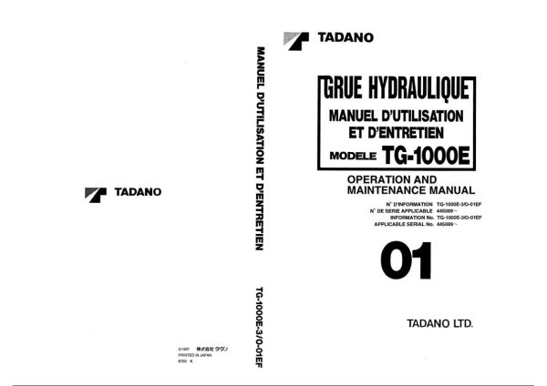 Tadano Crane TG 1000E 3 Operation Manual TG 1000E 3 O 01EF 1997 EN FR 1