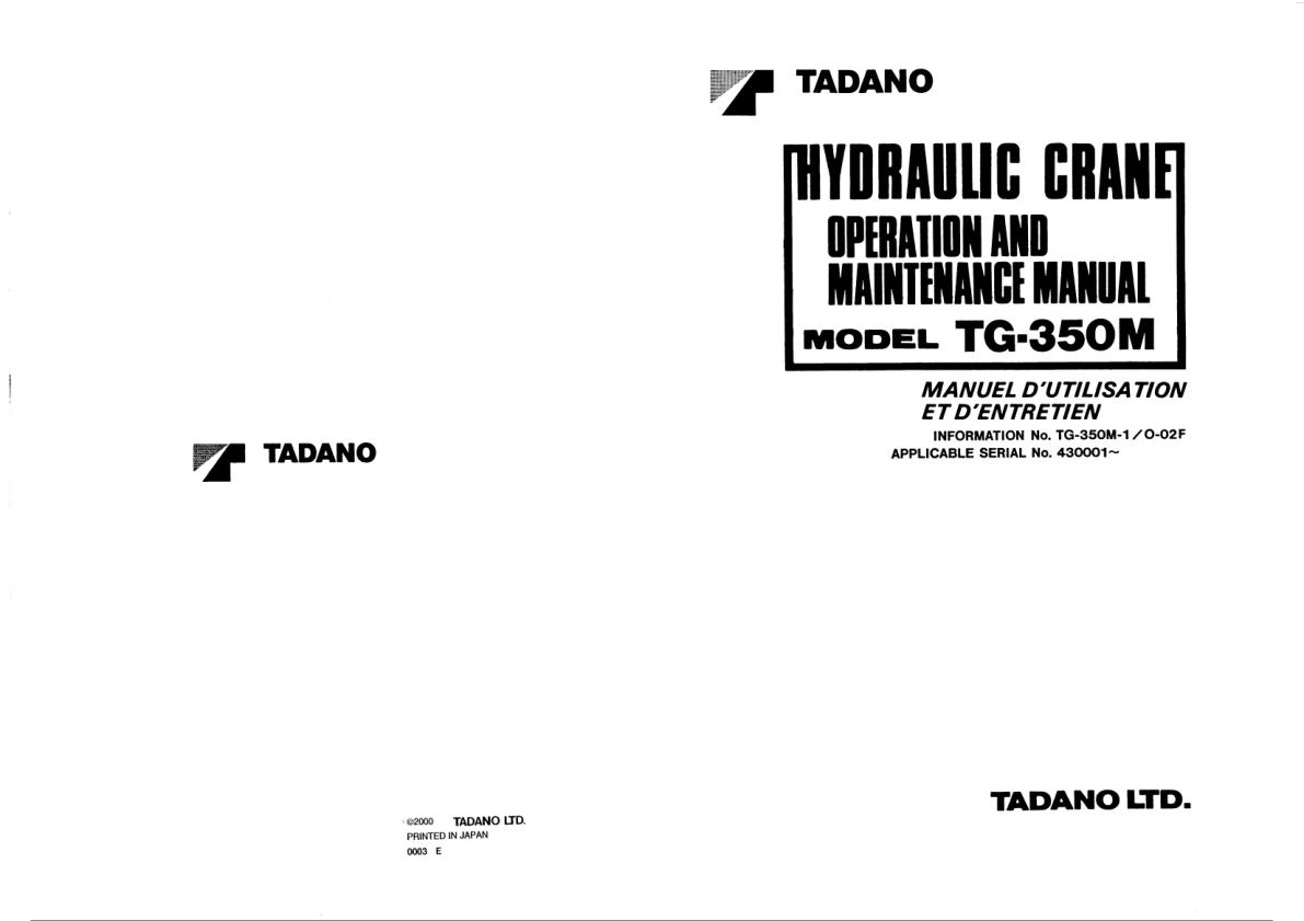 Tadano Crane TG 350M Operation Manual TG 350M 1 O 02F 2000 FR 1