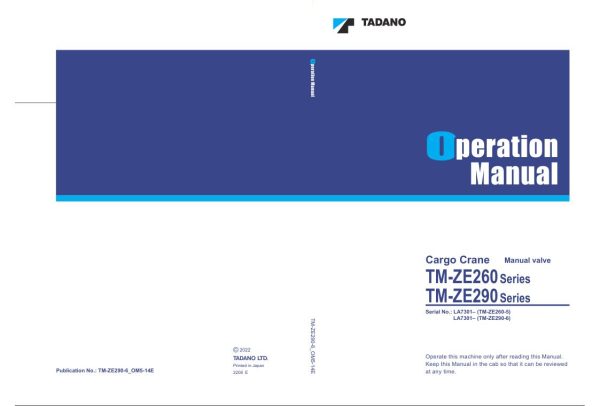 Tadano Crane TM ZE260 5 TM ZE290 6 Operation Manual TM ZE290 6 OM5 14E 2022 1