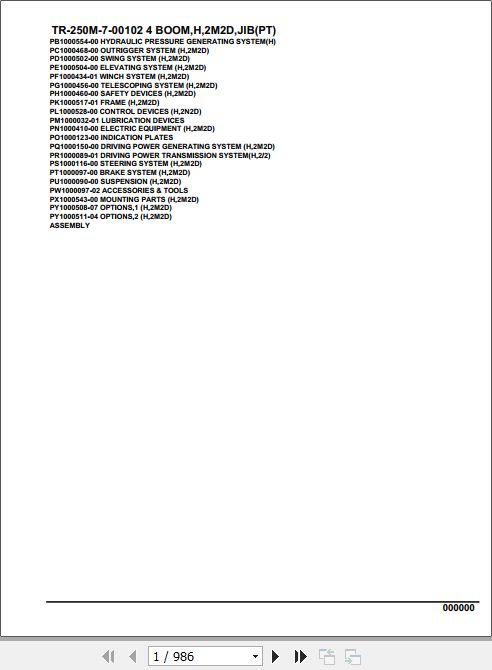 Tadano Hydraulic Crane TR 250M 7 00102 4 Boom H 2M2D Jib PT Parts Catalog 1