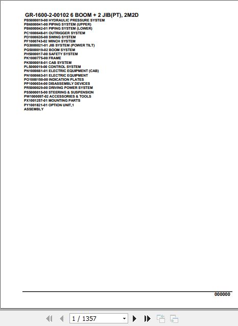 Tadano Rough Terrain Crane GR 1600 2 00102 6 Boom 2 Jib PT 2M2D Parts Catalog 1