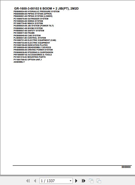 Tadano Rough Terrain Crane GR 1600 3 00102 6 Boom 2 Jib PT 2M2D Parts Catalog 1