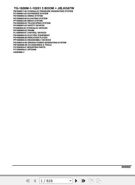 Tadano Truck Crane TG 1600M 1 10201 5 Boom Jib KG67W Parts Catalog 1