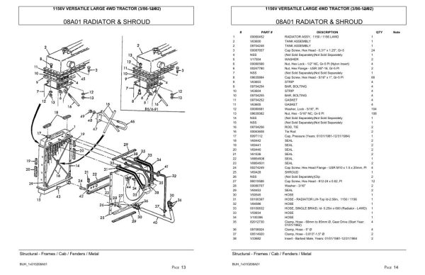 Versatile Tractor 1156V Large 4WD Parts Catalog 1986 1992 2