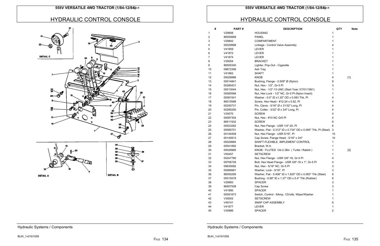 Versatile Tractor 555V 4WD Parts Catalog 1984