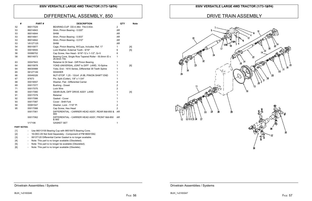 Versatile Tractor 850V Large 4WD Parts Catalog 19731974