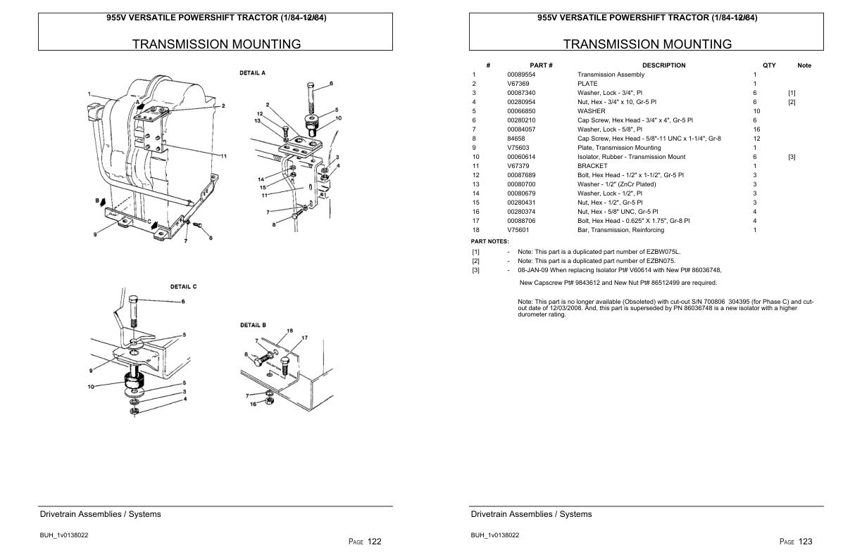 Versatile Tractor 955V Powershift Parts Catalog 1984
