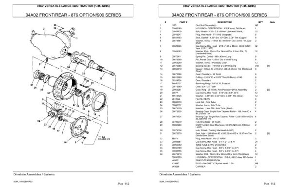 Versatile Tractor 956V Large 4WD Parts Catalog 1985 2