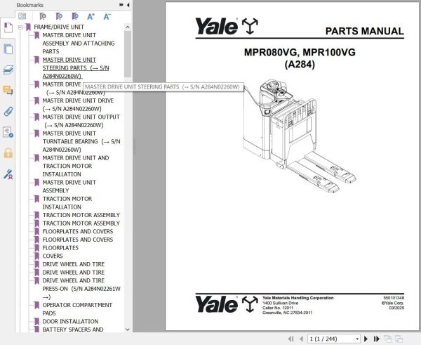 Yale Forklift MPR080VG MPR100VG A284 Parts Service Manual 2024 1