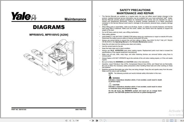 Yale Forklift MPR080VG MPR100VG A284 Parts Service Manual 2024 3