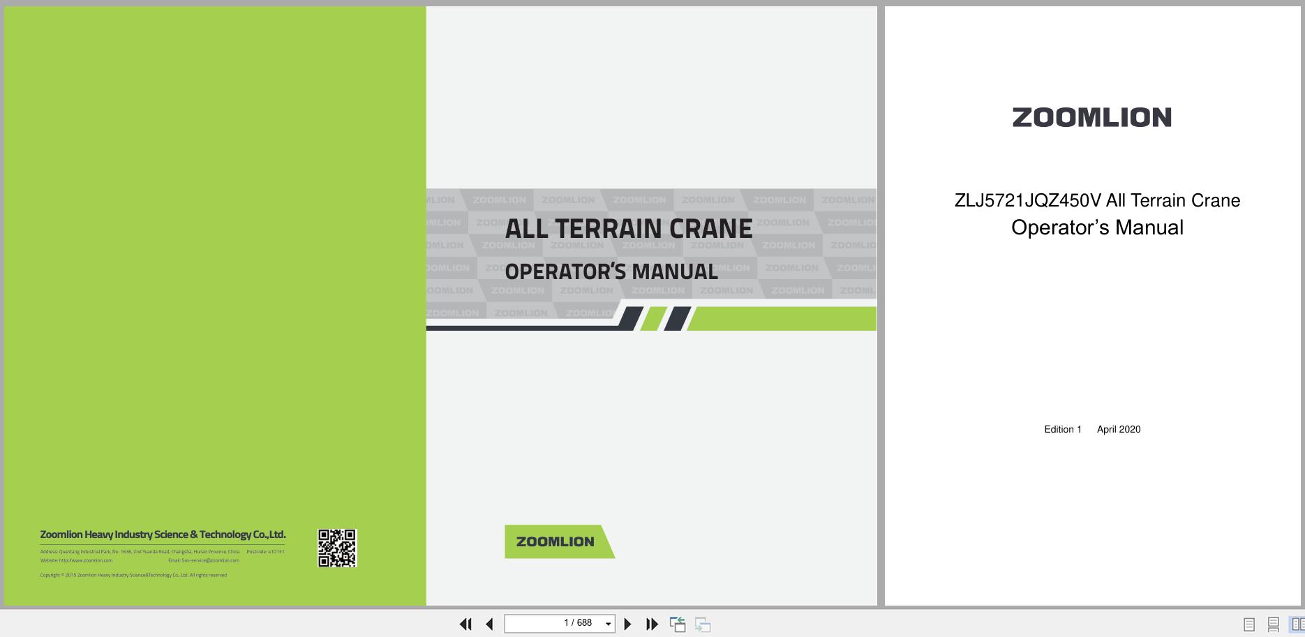 Zoomlion Terrain Crane ZAT4500V ZLJ5721JQZ450V Operators Manual 1