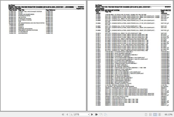 Ag Chem Rogator Chassis RG900 RG1100 RG1300 Parts Catalog 531261D1 1