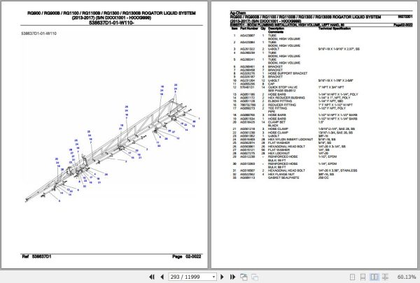 Ag Chem Rogator Liquid System RG900 to RG1300B Parts Catalog 562722D1 2