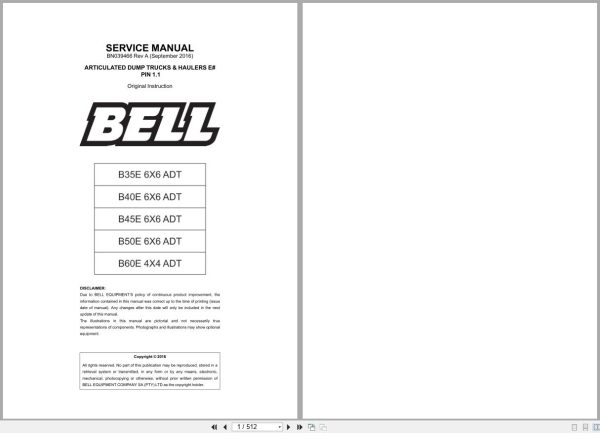 Bell Dump Trucks B35E B40E B45E B50E B60E Service Manual BN039466 2016 1