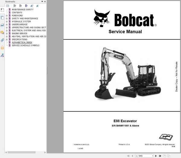 Bobcat Excavator E88 Operators Parts Service Manual 1