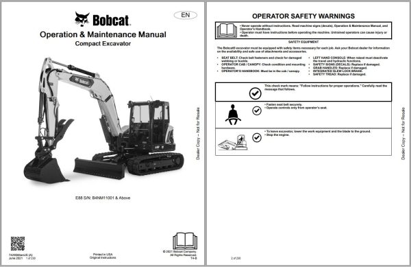 Bobcat Excavator E88 Operators Parts Service Manual 4