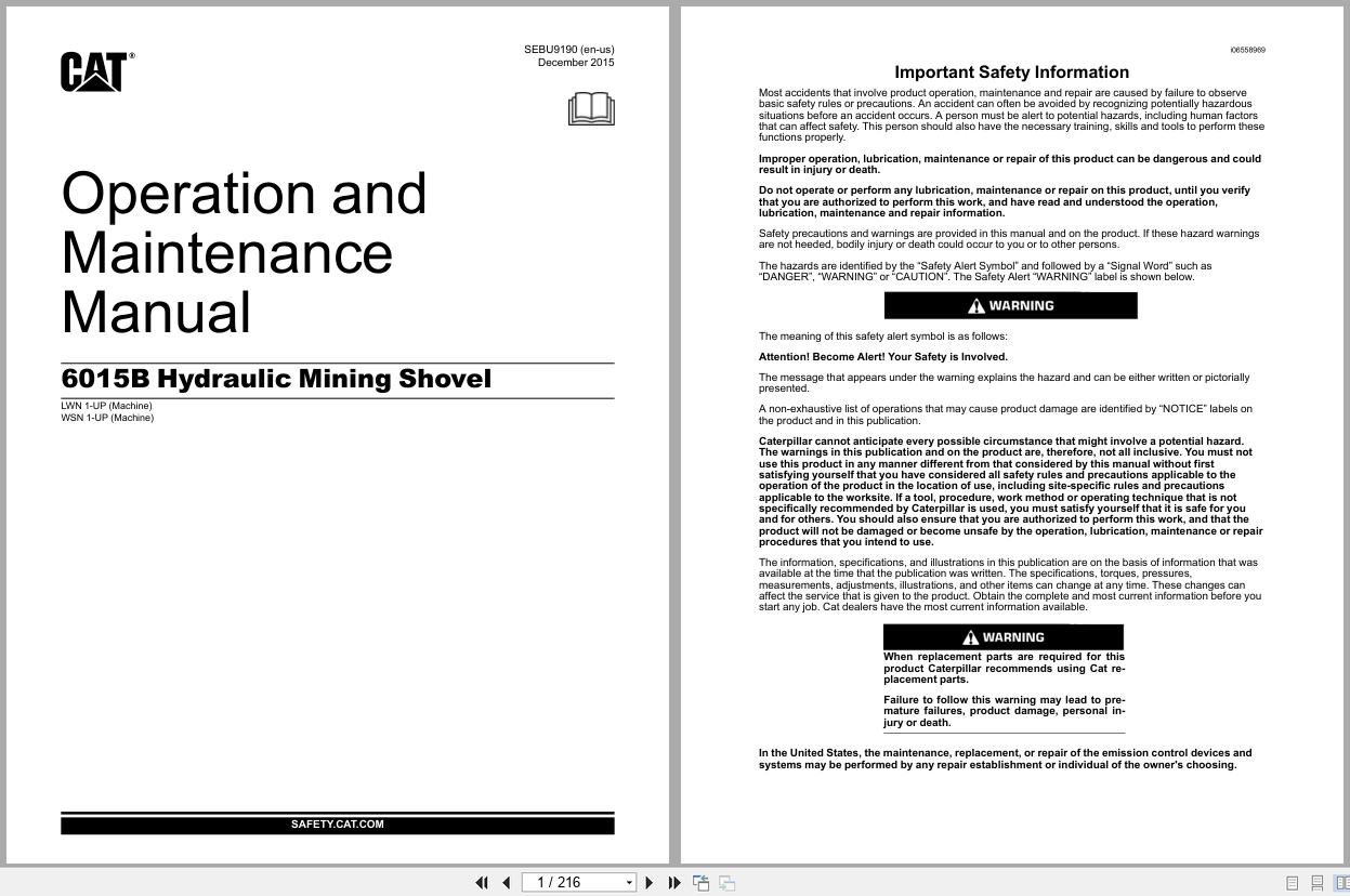 CAT Mining Shovel 6015B Operation and Maintenance Manual SEBU9190 1