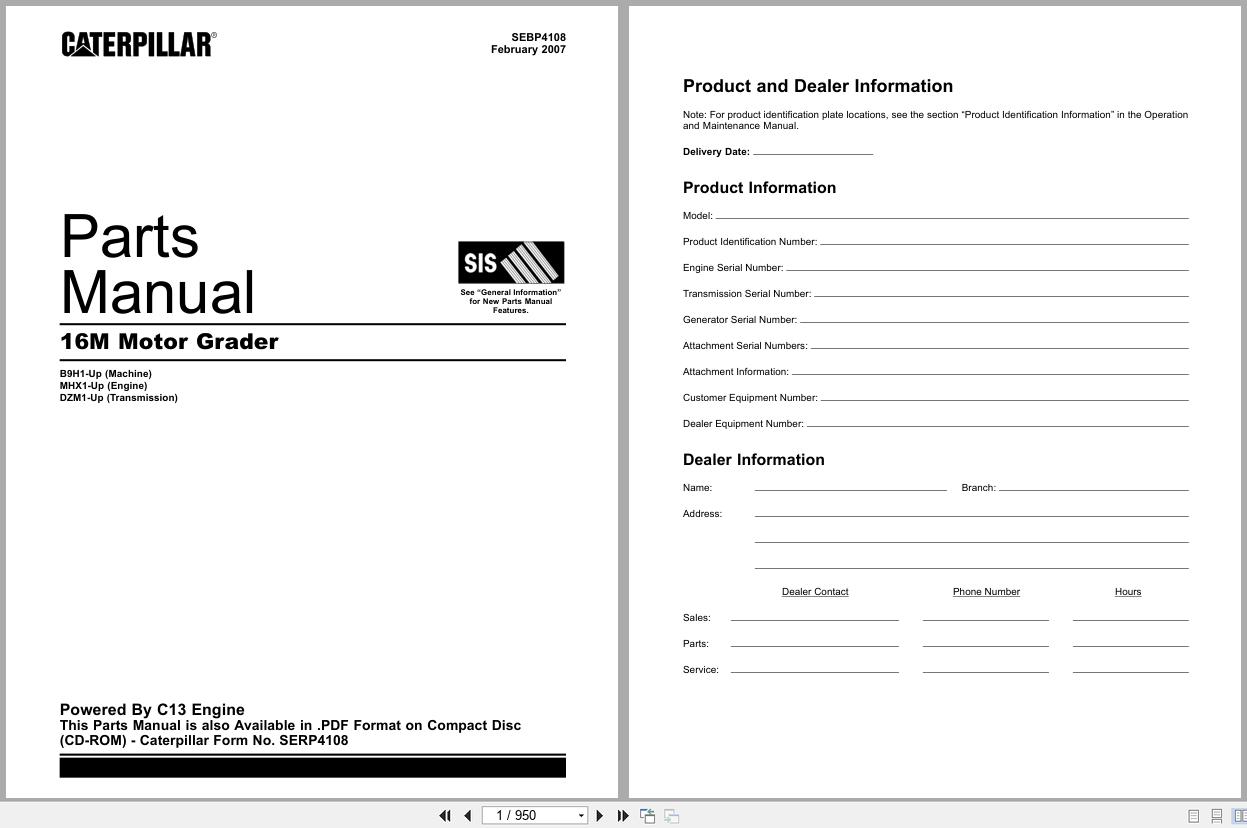 CAT Motor Grader 16M Parts Manual SEBP4108 1