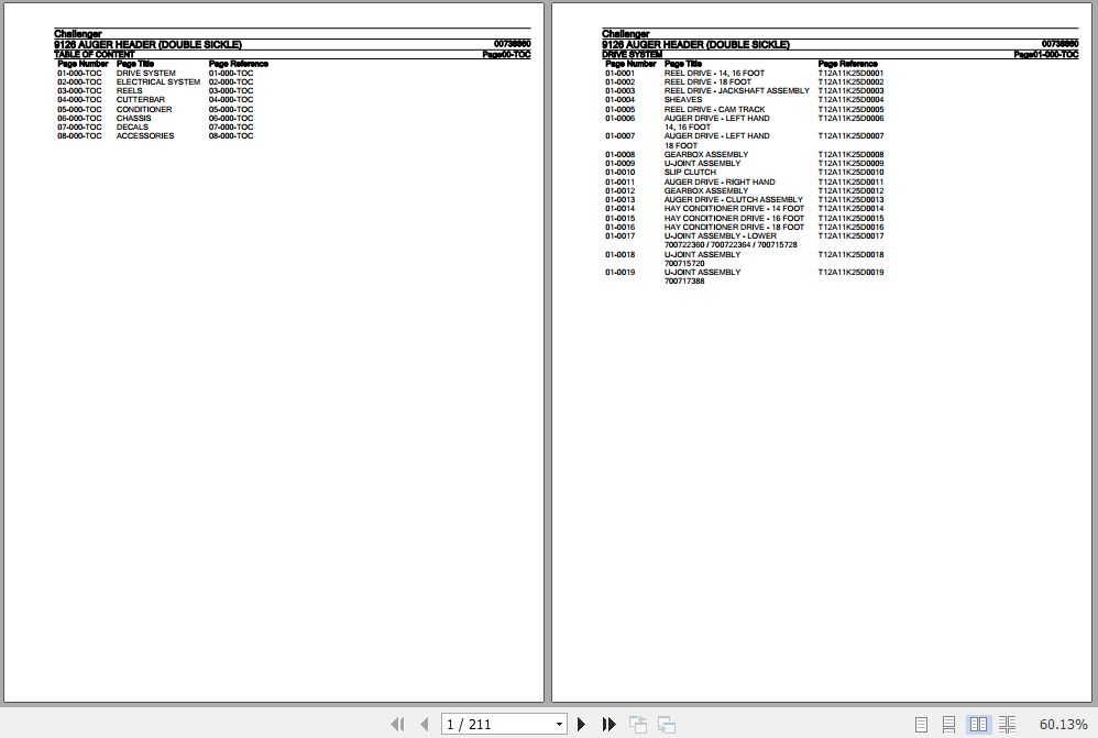 Challenger Auger Header 9126 Double Sickle Parts Catalog 00738860 1