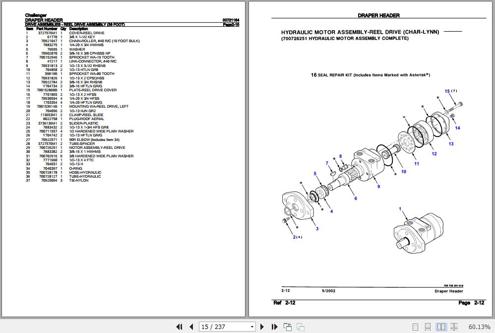 Challenger Draper Header Parts Catalog 00721164