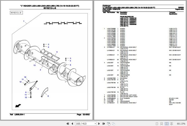 Challenger L Header L420 L480 L540 L600 L660 L760 Parts Catalog 3906029 3