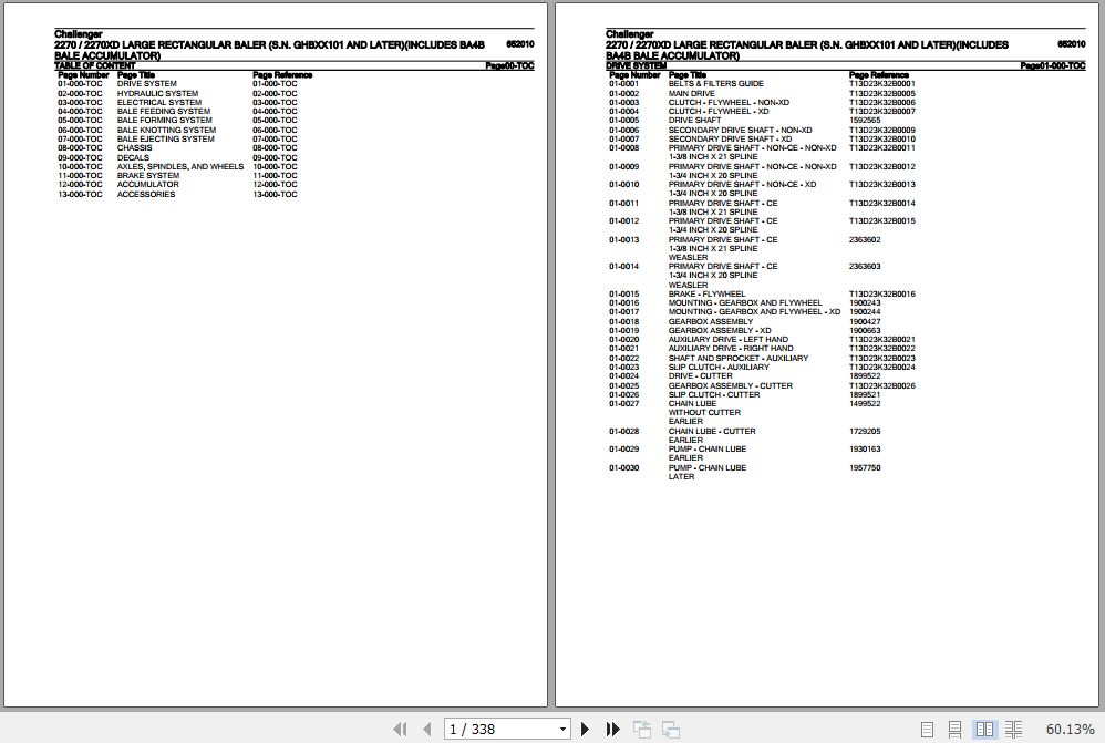 Challenger Large Rectangular Baler 2270 2270XD Parts Catalog 652010 1