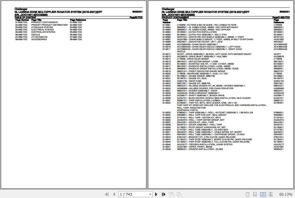 Challenger NL L4258G4 Edge Multapplier Rogator System Parts Catalog 593824D1 1