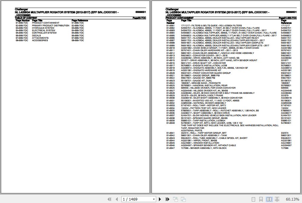 Challenger NL L4258G4 Multapplier Rogator System Parts Catalog 558890D1 1