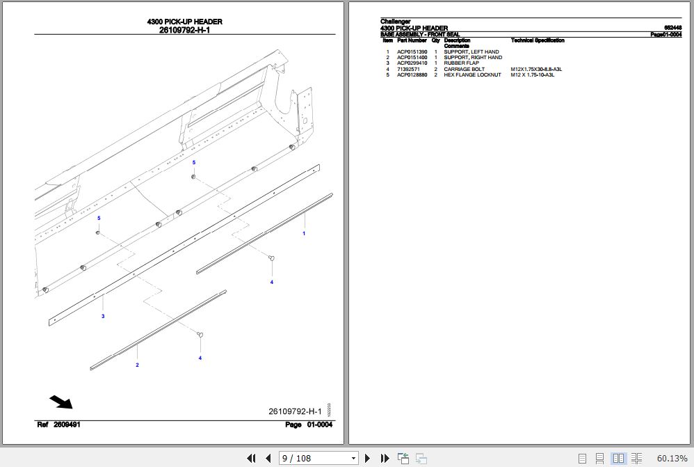 Challenger PickUp Header 4300 Parts Catalog 652448