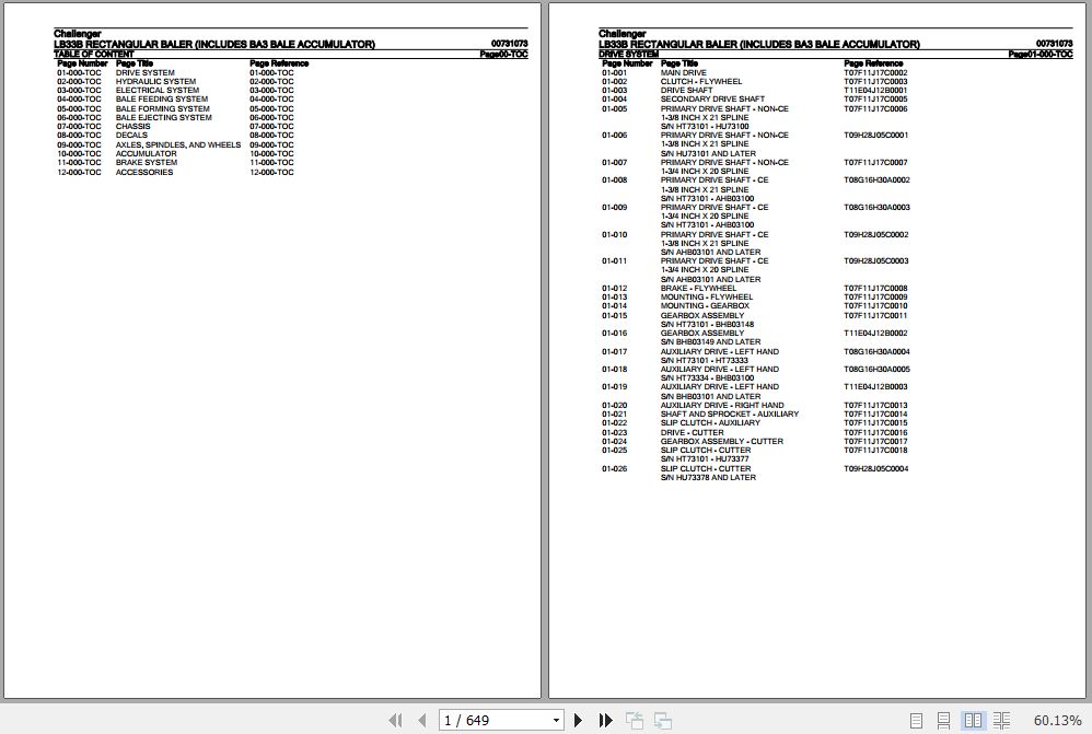 Challenger Rectangular Baler LB33B Parts Catalog 00731073 1