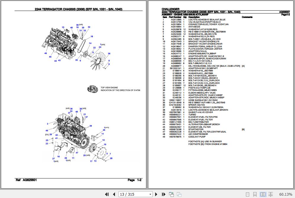 Challenger Terragator 2244 Chassis Parts Catalog AG636337