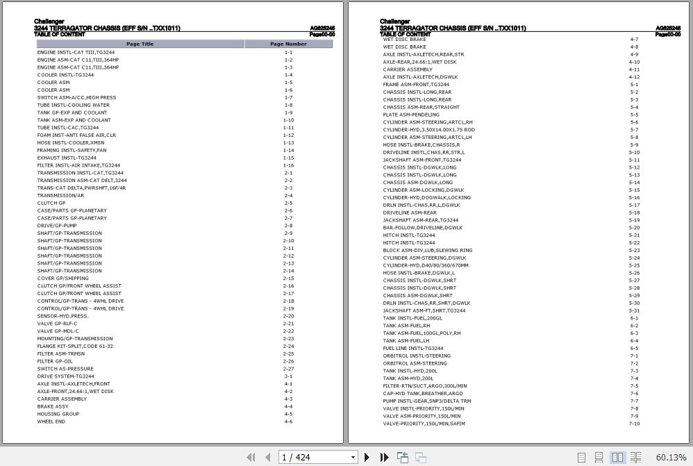 Challenger Terragator 3244 Chassis Parts Catalog AG625245