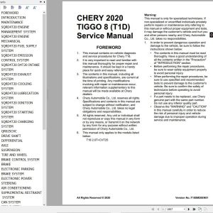Chery Tiggo 8 T1D T18 2.0TCVT25 2020 Service Manual 1