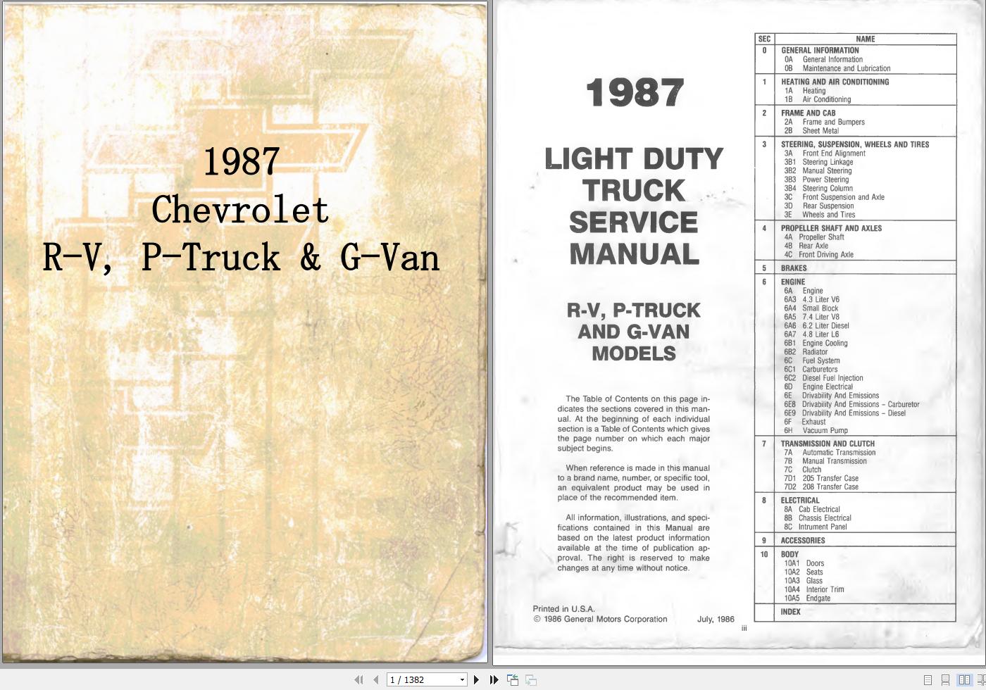 Chevrolet R V P Truck G Van 1987 Service Repair Manual 1