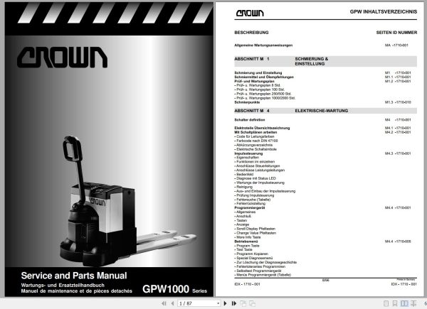 Crown Electric Pallet GPW1000 Series Service and Parts Manual DE 1