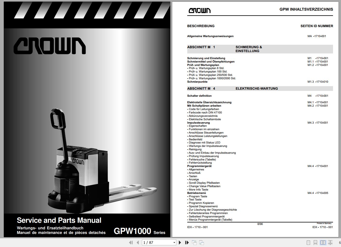 Crown Electric Pallet GPW1000 Series Service and Parts Manual DE 1