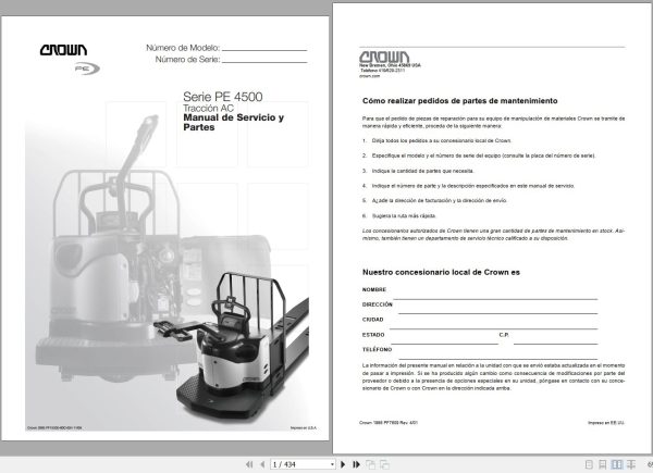 Crown Electric Pallet PE4500 Series Service and Parts Manual ES 1