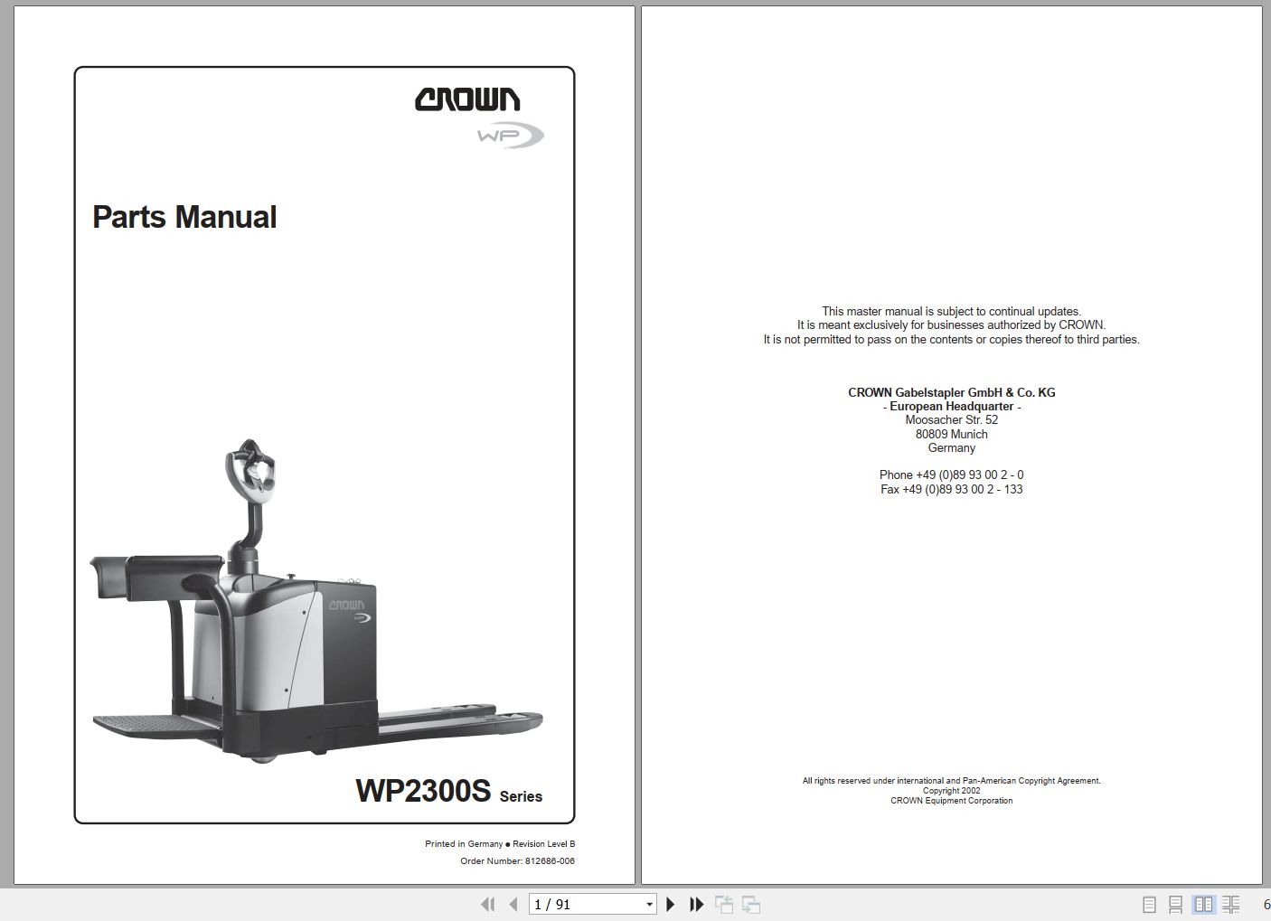Crown Electric Pallet WP2300S Series Parts Manual 1