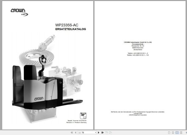 Crown Electric Pallet WP2335S AC Parts Manual DE 1