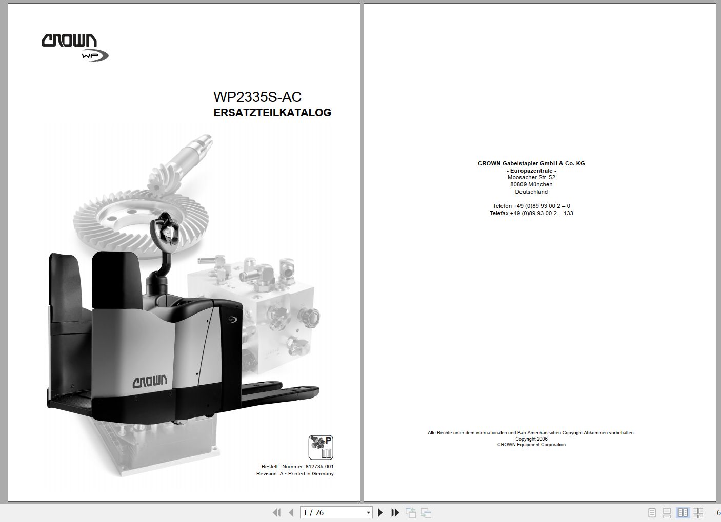 Crown Electric Pallet WP2335S AC Parts Manual DE 1