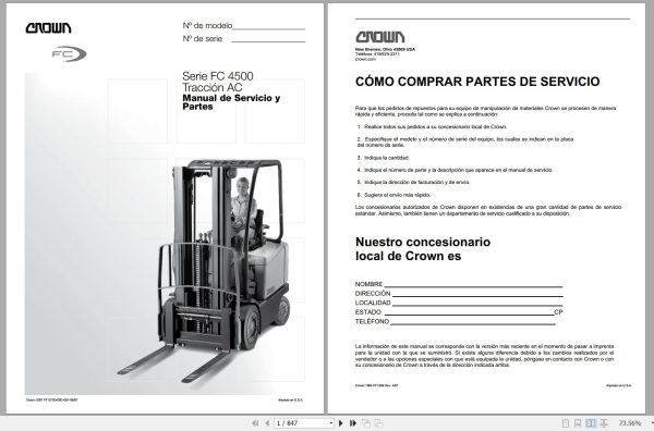 Crown Forklift FC4500 Series Service and Parts Manual ES 1