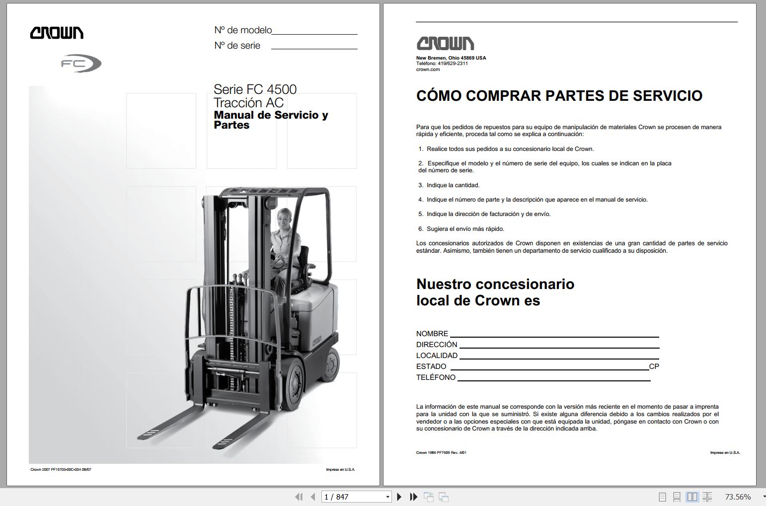 Crown Forklift FC4500 Series Service and Parts Manual ES 1