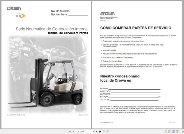 Crown Forklift Pneumatic Internal Combustion Series Service and Parts Manual ES 1