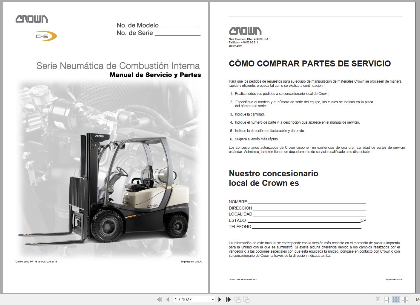Crown Forklift Pneumatic Internal Combustion Series Service and Parts Manual ES 1